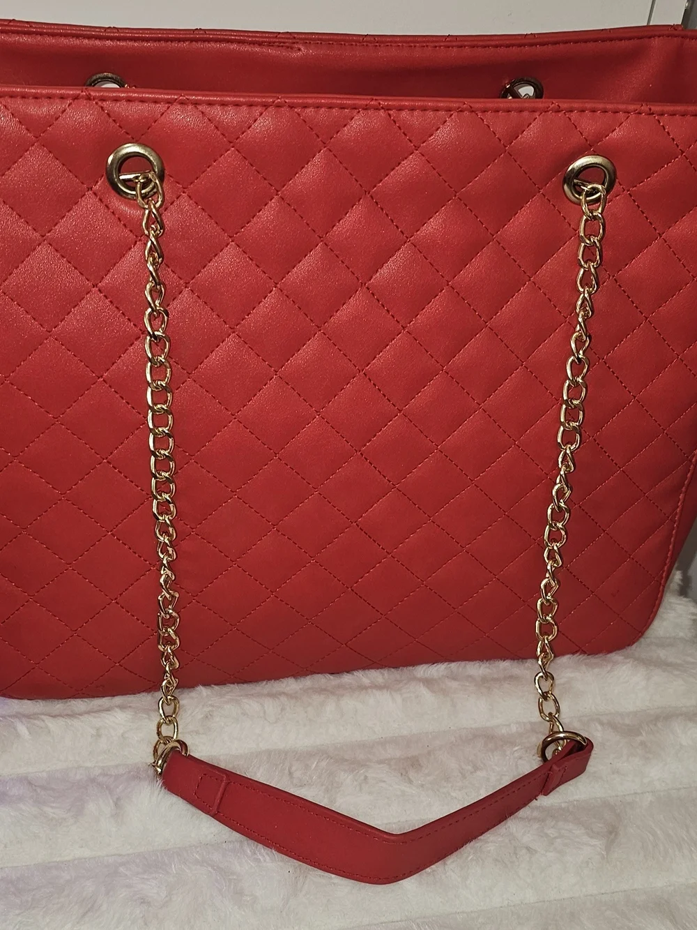 Badgley Mischka Red Quilted Tote with Gold Chain Handles